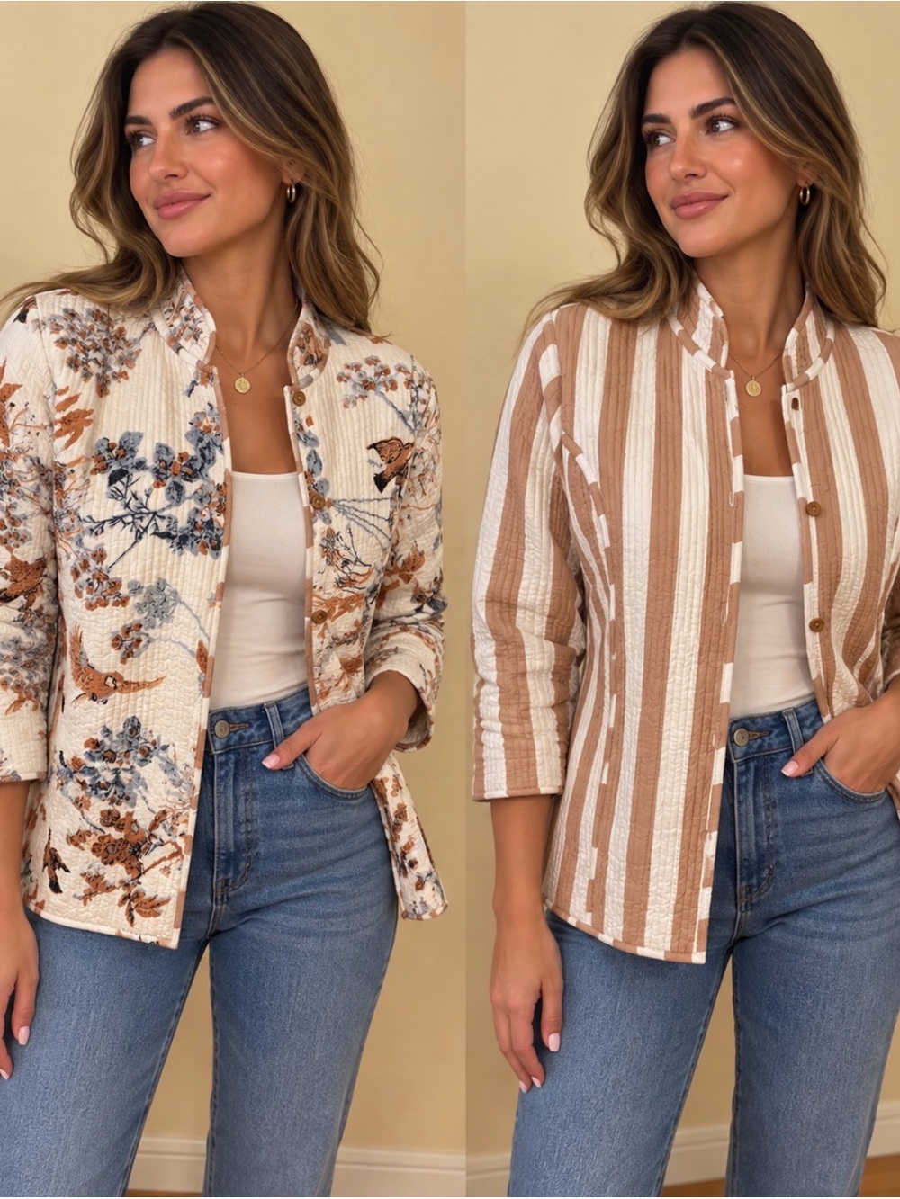 Quilted Floral & Stripe Collarless Jacket - Cream/Tan Reversible